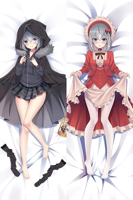 Gray en una funda de dakimakura con pelo plateado corto, capa oscura, falda de cuadros, vestido rojo y crema y prendas blancas en las piernas.