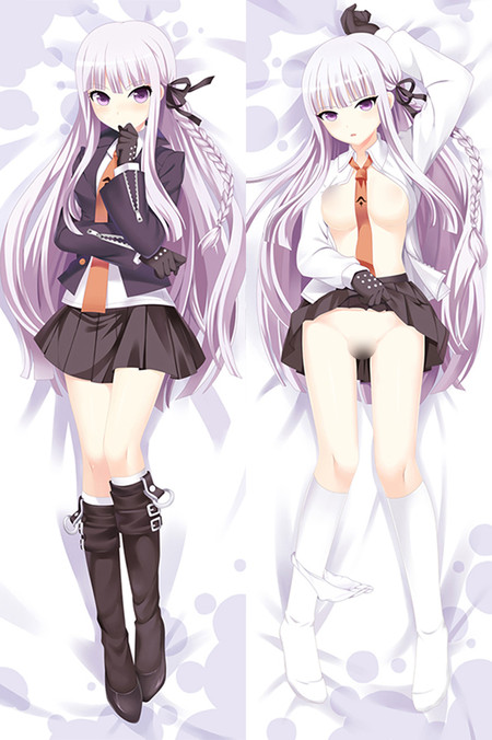 Beidseitige Illustration für den Kyoko Kirigiri Dakimakura-Bezug mit orangefarbener Krawatte und Stiefeln; Vorschaubild.