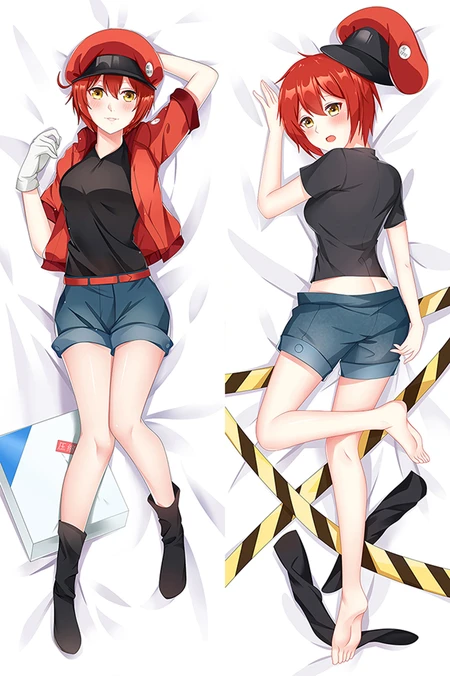 Red Blood Cell dakimakura body pillow case artwork with red cap and jacket, black shirt, blue cuffed shorts, red belt and dark boots.