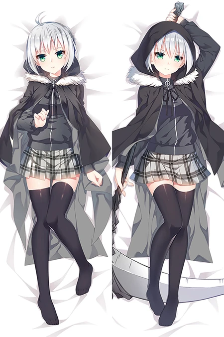 Gray dakimakura body pillow case artwork with a dark hooded cloak, pale trim, zipped top, grey plaid skirt, dark stockings and a large scythe.