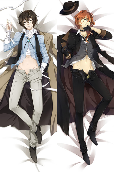 Osamu Dazai with brown hair, bandages, pale-blue shirt, tan coat and light trousers beside orange-haired Chuuya Nakahara in a dark hat, coat, waistcoat and gloves