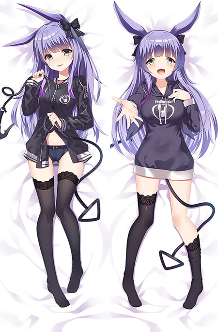 Two Rope views with long purple hair, rabbit ears, black bows, a dark hoodie and lace stockings, with a rope and grappling hook.