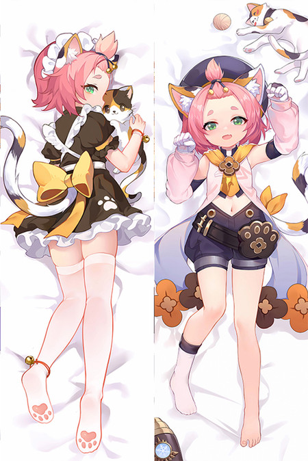 Diona dakimakura body pillow case artwork with pink hair, cats and a paw-shaped bag.