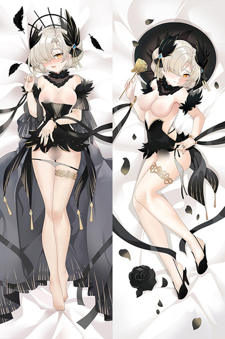 Sheffield op een dakimakurahoes met donkere veren, licht haar en gouden roos; voorbeeld.