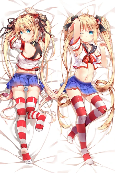 Andrea Doria dakimakura artwork with blonde twin tails, blue skirt, sailor top and red-and-white striped legwear.
