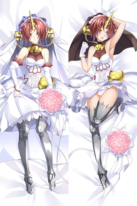 Frankenstein dakimakura body pillow case artwork with white bridal dress and pink roses.