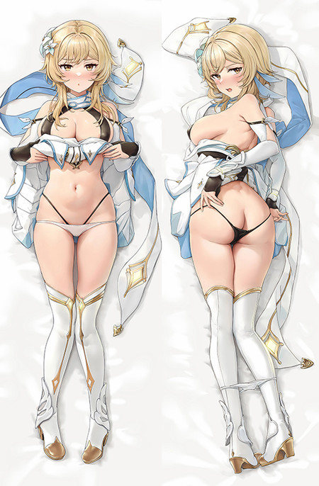 Lumine on a Genshin Impact dakimakura, front and rear views with blonde hair, a flower ornament, blue ribbons and white-and-gold thigh-high boots with heels.