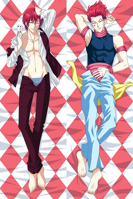 Hisoka Morow dakimakura artwork with an open white shirt, burgundy waistcoat and trousers on the left, navy sleeveless top and light blue trousers on the right.