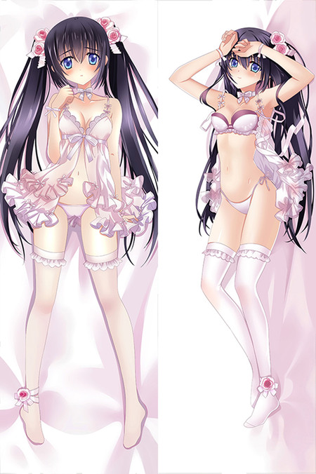 Two portraits of a black-haired figure with blue eyes, long twin tails, pink rose hair ornaments, pale pink-and-lilac frilled clothing and white thigh-high legwear.
