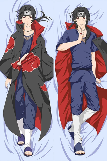 Ilustración para una funda de almohada corporal de Itachi Uchiha en dos poses: uno con ropa azul oscuro y otro con una capa negra con nubes rojas y forro rojo.