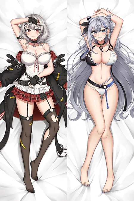 Chloe Sakamata and Vestia Zeta dakimakura body pillow case, with short grey hair and red plaid beside long silver hair and blue accents