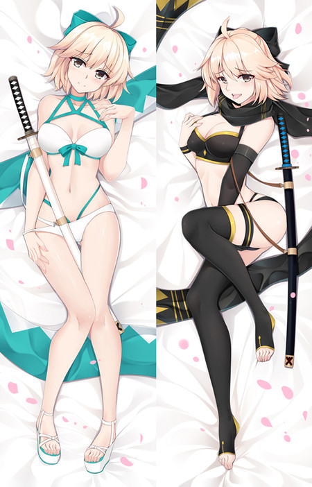 Okita Souji dakimakura design with short pale hair, large bows, white and turquoise swimwear, black and gold swimwear, and katanas.