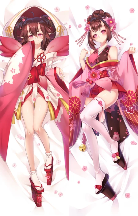 Housse dakimakura Momo no Sei avec cheveux brun-roux et kimonos fleuris blanc et rouge puis rose