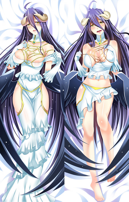 Albedo from Overlord dakimakura body pillow case, two-sided artwork with gold-trimmed white gown, matching ruffled outfit, purple-toned hair and pearl-like hair decorations.