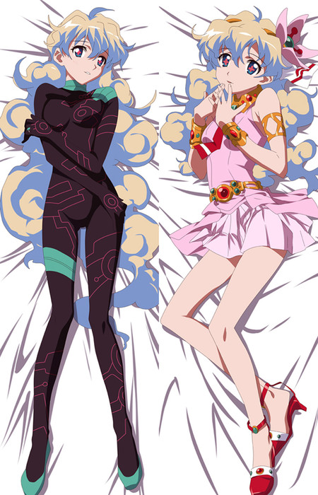 Nia-Teppelin-Dakimakura mit gemustertem dunklem Anzug, rosa Rüschenkostüm und großer Haarblume