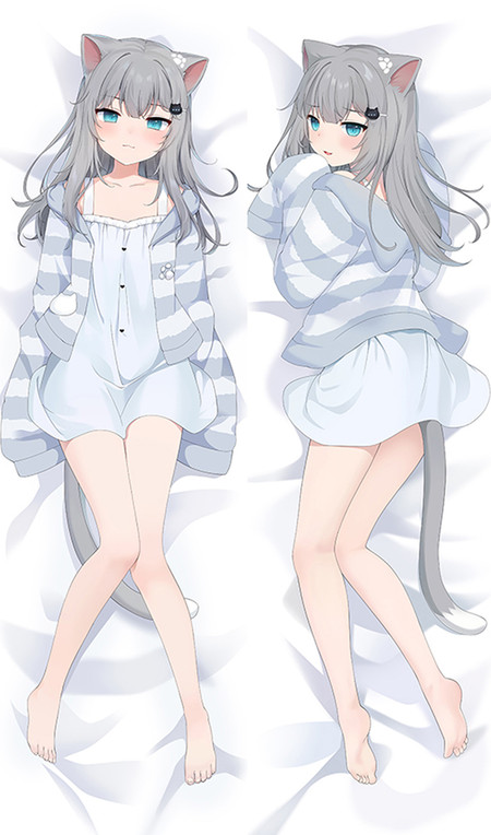 Nachoneko con sudadera de rayas grises y blancas, camisón blanco, orejas y cola de gato, diseño de funda de dakimakura.