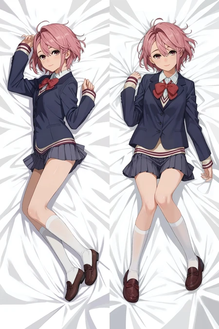 Dakimakura Aira Shiratori avec un blazer bleu marine, un nœud rouge, une jupe grise et des cheveux roses