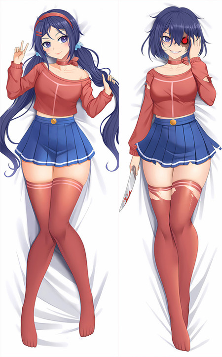 Crazy Mita dakimakura body pillow case with red sweater, blue pleated skirt and red stockings, long blue twin-tails and a short blue bob with knife on the reverse.