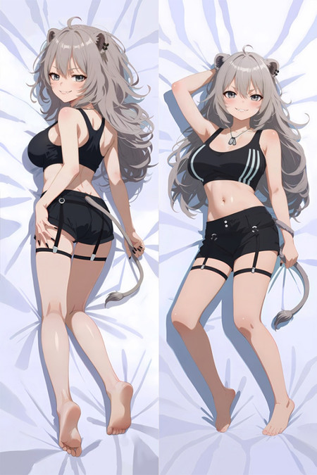 Funda de dakimakura de Shishiro Botan con melena gris, orejas de león, top deportivo y pantalones cortos negros.