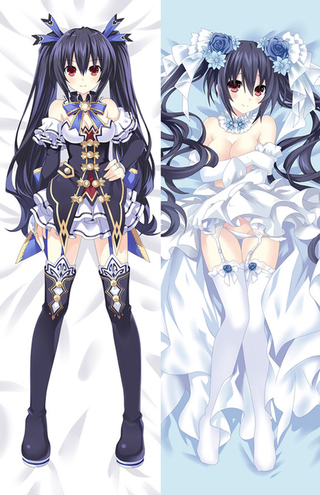 Noire dakimakura artwork with dark twintails, an ornate dark outfit and a white dress with blue flowers.