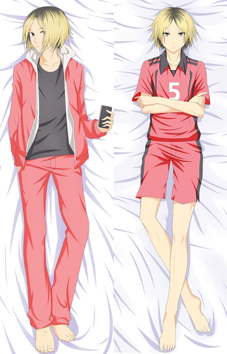 Dakimakura de Kenma Kozume con pelo rubio de raíces oscuras, chándal rojo y blanco con capucha, teléfono, camiseta y pantalón corto