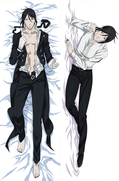Artwork for a Sebastian Michaelis body pillow case, with a black tailcoat and white gloves on one side and a buttoned white shirt on the other.