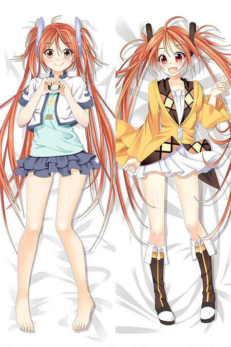 Illustration de la housse dakimakura Enju Aihara : veste blanche et bleue, veste jaune et couettes orange