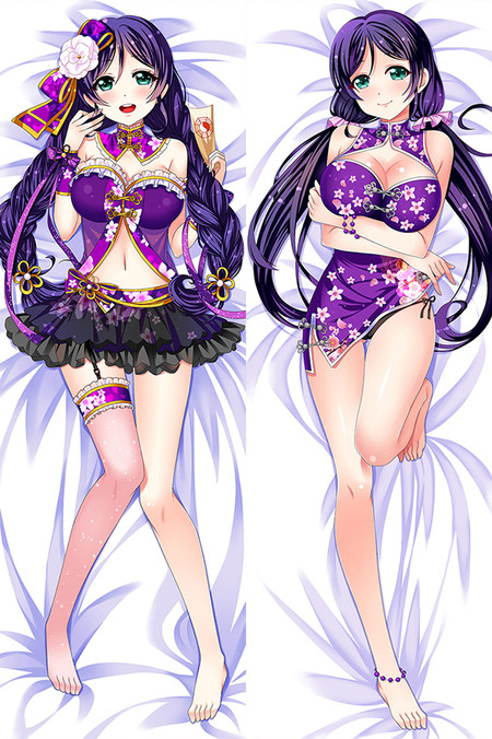 Nozomi Tojo dakimakura cover artwork with purple braids, violet floral outfits, a black layered skirt and a pink stocking