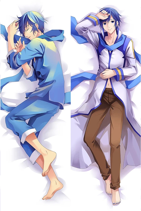 Two KAITO poses for a body pillow case, wearing a blue scarf with a blue outfit and a white coat with blue and yellow trim.
