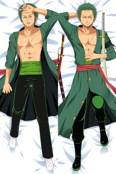 Roronoa Zoro dakimakura body pillow case artwork with short green hair, open green coat and dark trousers; reverse with a green robe, red sash and sheathed swords.