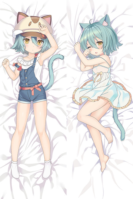 Cacao with mint hair, cat ears, denim overalls, a cat-themed hat and a pale blue-white dress