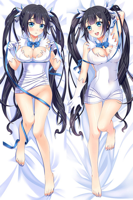 Hestia dakimakura artwork with black twin tails, white dress, white gloves and a long blue ribbon across the two poses