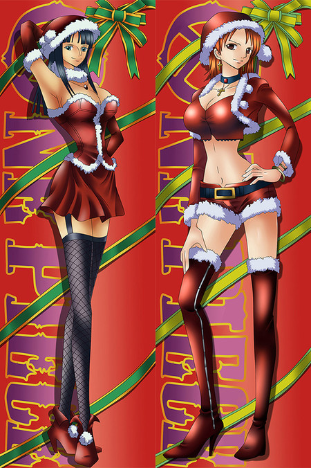 Artwork for a Nico Robin and Nami body pillow case, with Robin in a red dress on one side and Nami in a red jacket and shorts on the other, both wearing red hats.