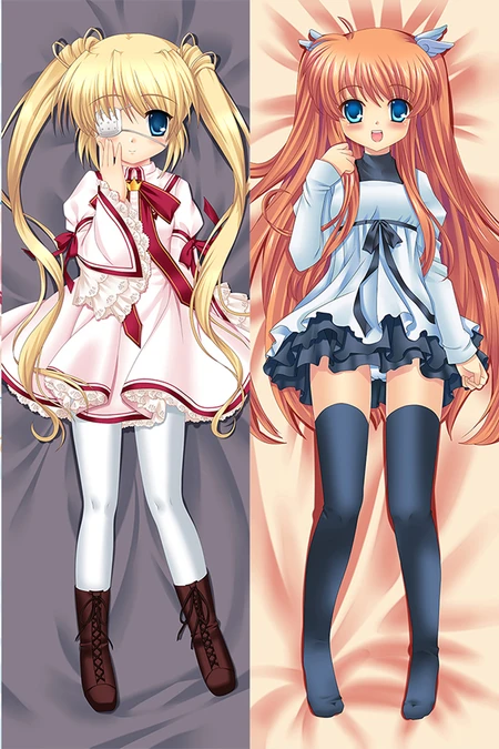 Motif dakimakura de Shizuru Nakatsu & Chihaya Ohtori avec tenue blanche et rouge, cache-œil et robe bleu clair
