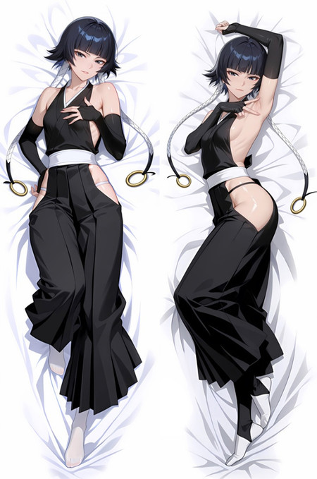 Sui-Feng dakimakura body pillow cover artwork showing a black outfit, white waist sash, long black gloves and ribbon-wrapped braids ending in gold rings, in front and back views.