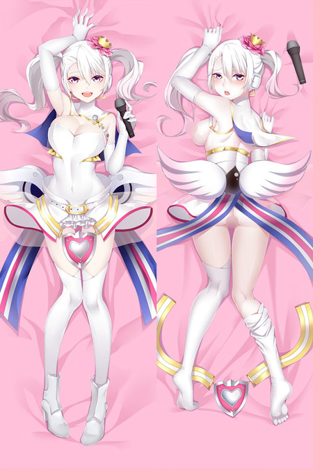 Mu dakimakura artwork with white twintails, a small crown, white headphones and a microphone, censored preview.