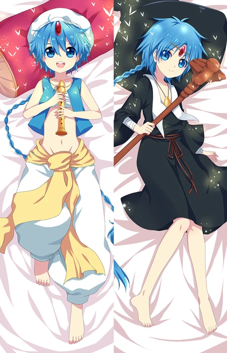 Dakimakura-afbeelding van Aladdin: een blauw vest, een lichte broek en een zwart gewaad.