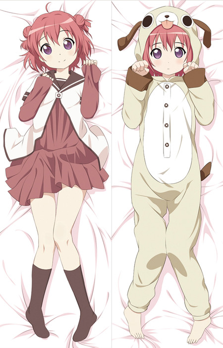 Akari Akaza dakimakura body pillow case artwork with red hair buns, a burgundy sailor uniform and a cream dog-themed hooded onesie.
