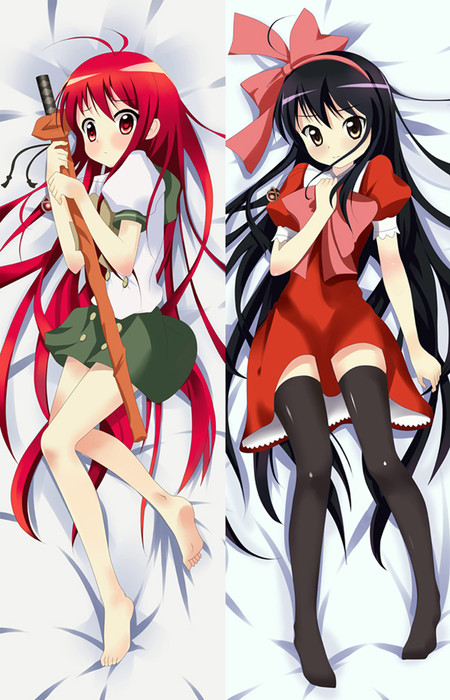 Shana dakimakura artwork in a white-and-green sailor uniform with a sheathed sword and a red dress with pink bow