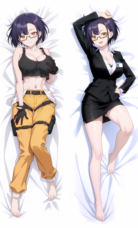 Nias Carlin dakimakura artwork: short dark purple hair, glasses, yellow trousers and a black skirt suit with a pale blouse.
