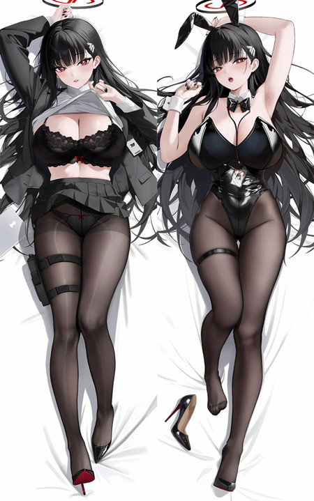 Illustration dakimakura de Tsukatsuki Rio : cheveux noirs, yeux rouges et halo géométrique.