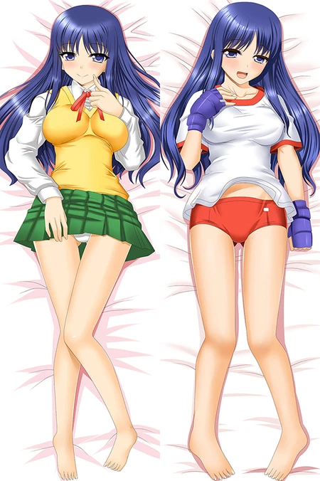 Ayaka Kurusugawa aux longs cheveux bleus, pull sans manches jaune, jupe verte et tenue de sport blanche et rouge avec gants bleus