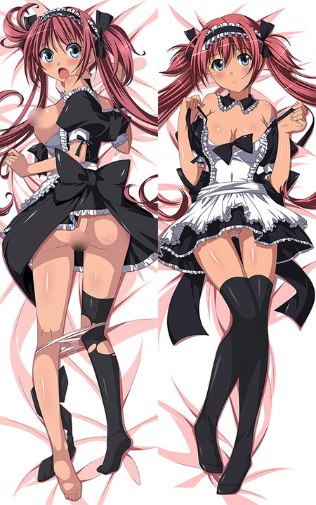 Airi in a black-and-white frilled maid outfit with red twin tails, censored paired artwork