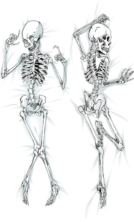 Dessin de squelette en noir et blanc avec ombres grises, dans deux poses sur une housse dakimakura.