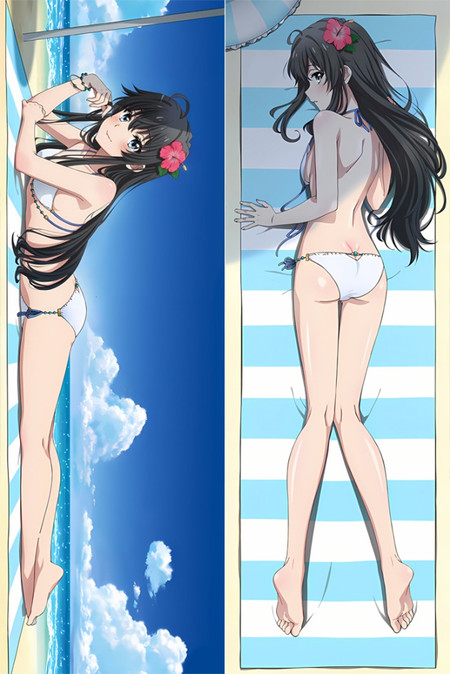 Yukino Yukinoshita dakimakura body pillow case artwork: two views in a white bikini with blue ties, a pink hair flower, the sea and a striped beach mat.