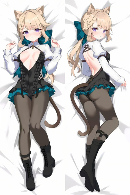 Lynette: Black, white and teal stage outfit, cat ears, tail and lace-up boots.