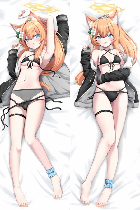 Iochi Mari with orange hair, cat ears, blue eyes, gold halo, white flower clip, black two-piece outfit and black jacket with grey lining
