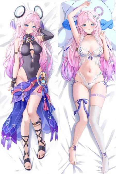 Citlali with long pink braids, a geometric purple outfit in one view and a white ruffled ensemble with blue bows and a white hair flower in the other.