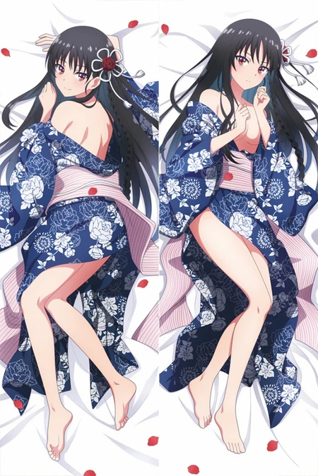 Suzune Horikita: Navy-and-white floral yukata, pink striped obi and red rose hair ornament.