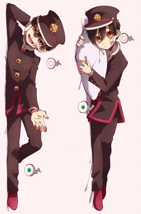 Hanako Yugi dakimakura artwork: a dark buttoned jacket with red trim, matching trousers and a peaked cap.